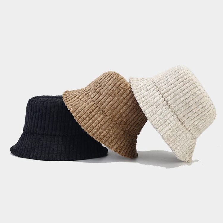 Custom logo winter female thick striped short velvet fisherman's hat caps warm casual corduroy bucket hat for women