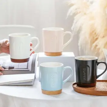 Custom modern and minimalist office with wood cushion relief ceramic coffee cup , ceramic embossed coffee mug with wooden base