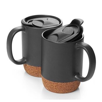 15 oz mug set large ceramic coffee mug with cork bottom and spill proof lid