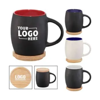 Custom logo printed 14 oz classic c handle mugs 15 oz hearth ceramic mug with wood lid/coaster