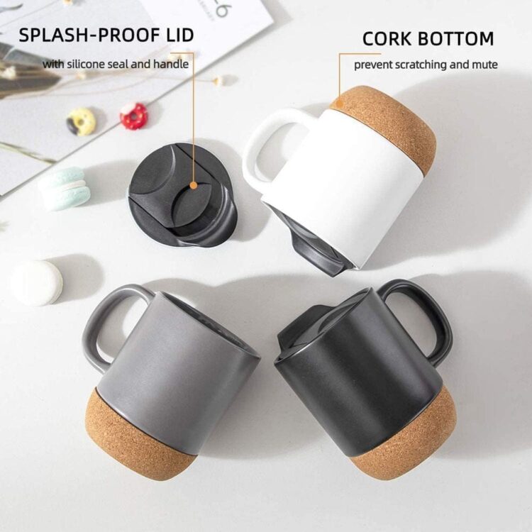 Wholesale brief 15oz cork bottom ceramic cup with lid, new design reusable customized logo print sublimation coffee mug