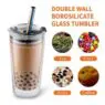 Reusable 20oz boba glass iced coffee tumbler cups with boba straw, smoothie cup,glass coffee travel mug with leakproof slide lid