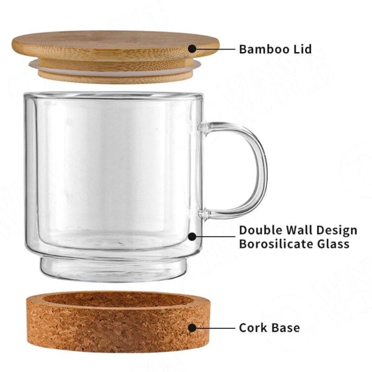 Bamboo fiber coffee cup with bamboo lid double wall insulated glass coffee tea cup with cork bottom, best christmas mug gift
