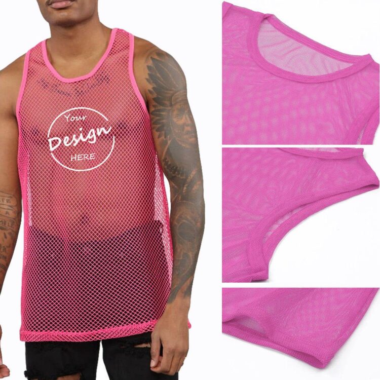 Custom mens see through mesh sleeveless t-shirt muscle tee tops workout underwear vest mesh sleeveless fish net tank tops