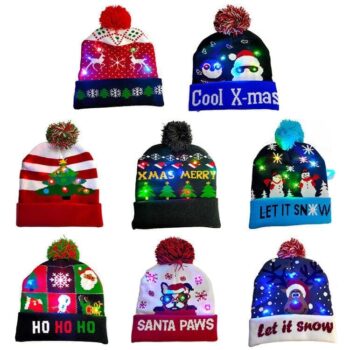 Wholesale winter knitted pompom santa xmas christmas hat with led light santa christmas hat