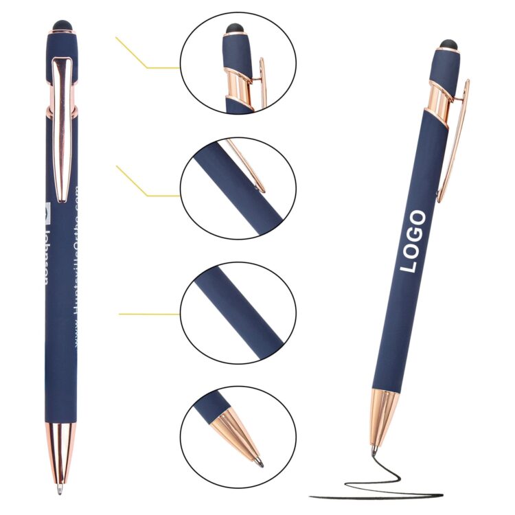 Luxury branded writing personalized multi function soft touch promotion custom ball point metal pen with stylus logo printed