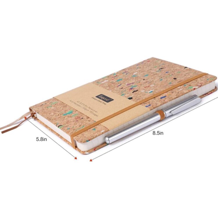 Custom logo eco-friendly a5 notebook with cork cover- premium lined paper- inner pocket & elastic band