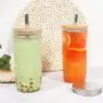 Amazons 20 oz reusable glass tumblers, smoothie cups boba bubble tea jar wide mouth mason jars with wooden lids and straws