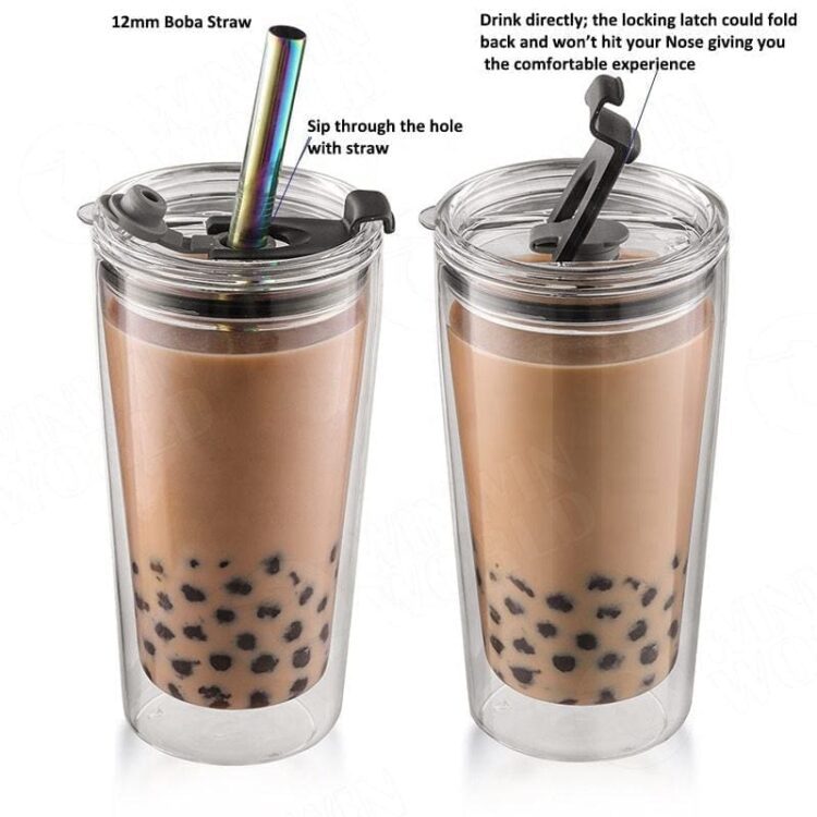 Reusable 20oz boba glass iced coffee tumbler cups with boba straw, smoothie cup,glass coffee travel mug with leakproof slide lid