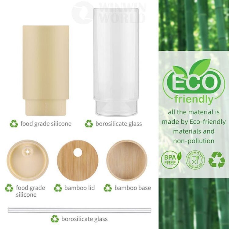 Glass tumbler water bottle with straw and lid, wide mouth smoothie cups, iced coffee cup tea silicone protective sleeve