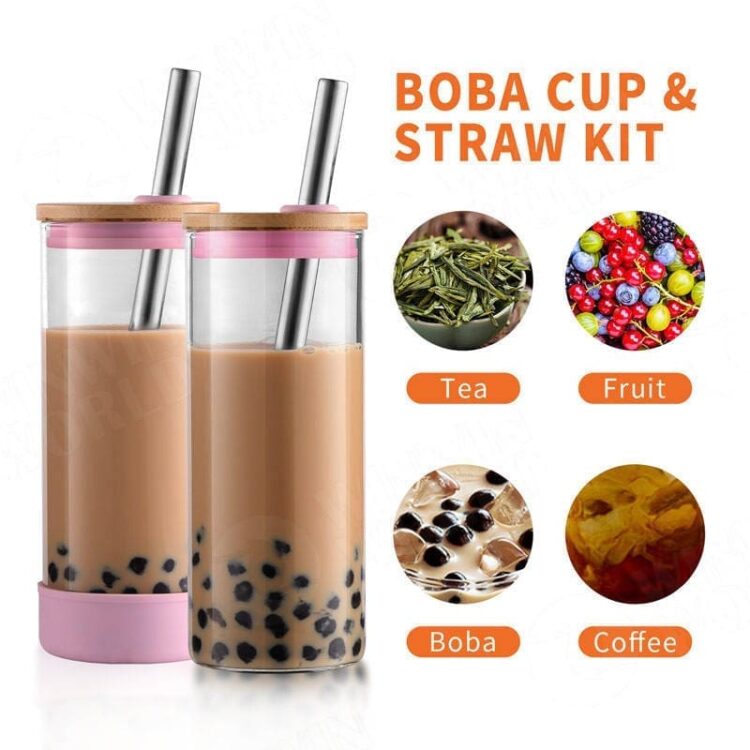Summer wide mouth glass tumbler reusable smoothie cups boba tea cups with lids, glass mason jars for boba, coffee drinking