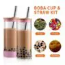 Summer wide mouth glass tumbler reusable smoothie cups boba tea cups with lids, glass mason jars for boba, coffee drinking