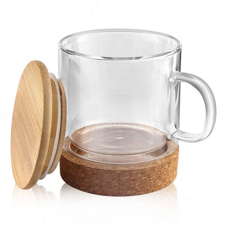 Bamboo fiber coffee cup with bamboo lid double wall insulated glass coffee tea cup with cork bottom, best christmas mug gift