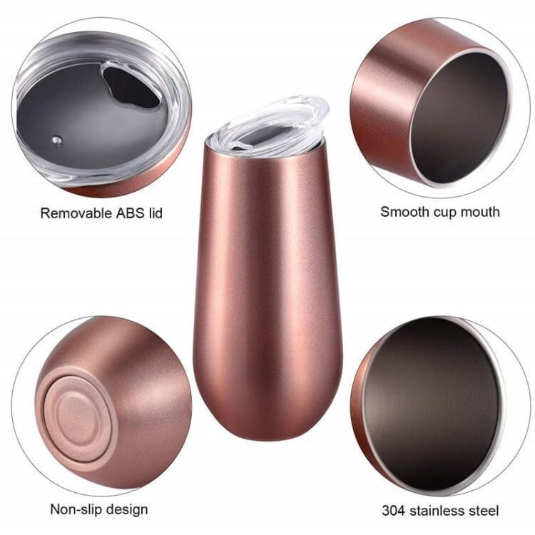 Factory wholesale wine 6oz insulated stemless wine tumbler 6 oz champagne tumbler cups stainless steel flute tumbler with lids