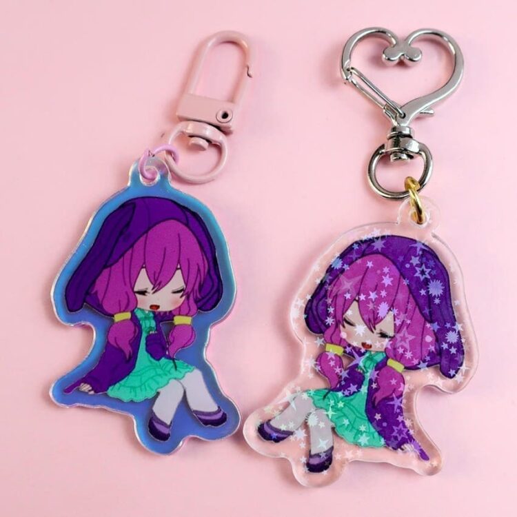 Custom anime printed epoxy clear glitter acrylic keychain charm for jewelry making