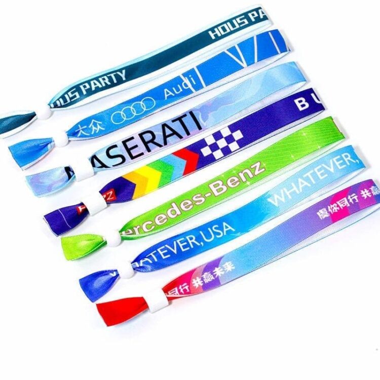 Factory customization oem design logo woven fabric wristband one time use polyester fabric wristbands with lock