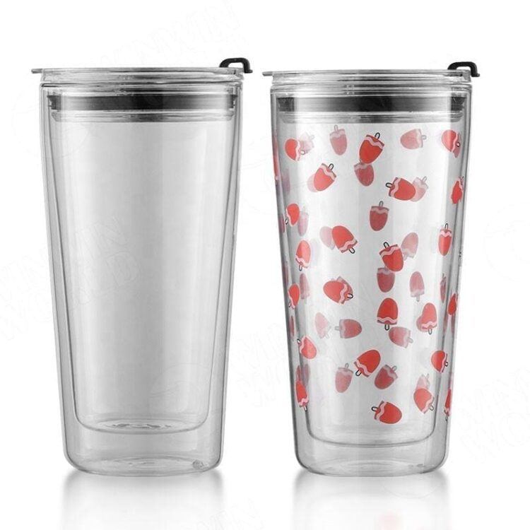 Double wall glass tumbler - 14-ounce, all glass reusable insulated tea/coffee mug & lid, hand blown glass travel mug