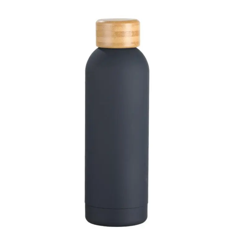 Custom logo stainless steel drinking water bottle with wood lid insulated thermos vacuum flask