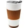 Custom ceramic double wall insulated travel coffee cup with slider lid, silicone sleeve & built-in coaster