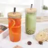 Amazons 20 oz reusable glass tumblers, smoothie cups boba bubble tea jar wide mouth mason jars with wooden lids and straws