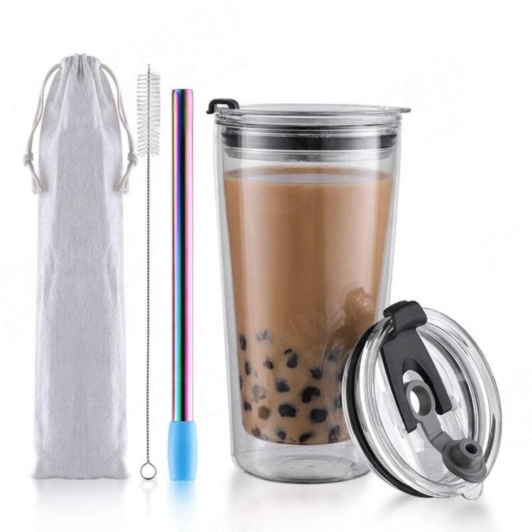 Reusable 20oz boba glass iced coffee tumbler cups with boba straw, smoothie cup,glass coffee travel mug with leakproof slide lid