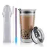 Reusable 20oz boba glass iced coffee tumbler cups with boba straw, smoothie cup,glass coffee travel mug with leakproof slide lid