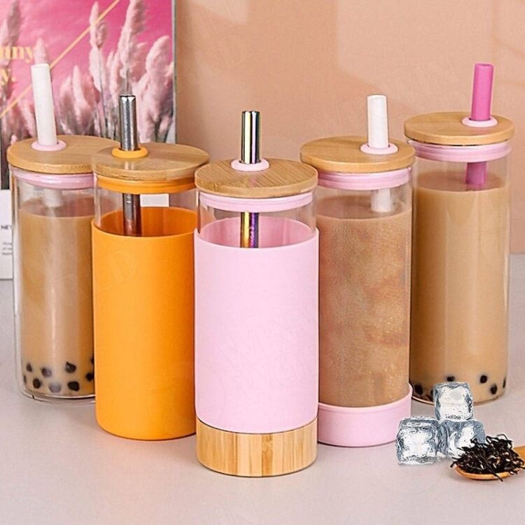 Summer wide mouth glass tumbler reusable smoothie cups boba tea cups with lids, glass mason jars for boba, coffee drinking