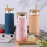 Custom reusable bubble tea cup, wide mouth glass smoothies cups drinking jar with straw,bamboo lid. glass water bottles,tumbler