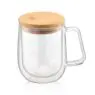 Clear borosilicate glass coffee mug, insulated double walled glass espresso coffee cup with handle, glass mug with bamboo lid