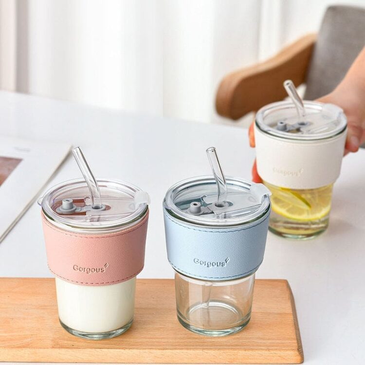 Amazons newly 13oz/16oz glass tumbler cup with straw and lid glass coffee mug iced tea cup with leather protective sleeve