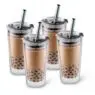 Reusable 20oz boba glass iced coffee tumbler cups with boba straw, smoothie cup,glass coffee travel mug with leakproof slide lid