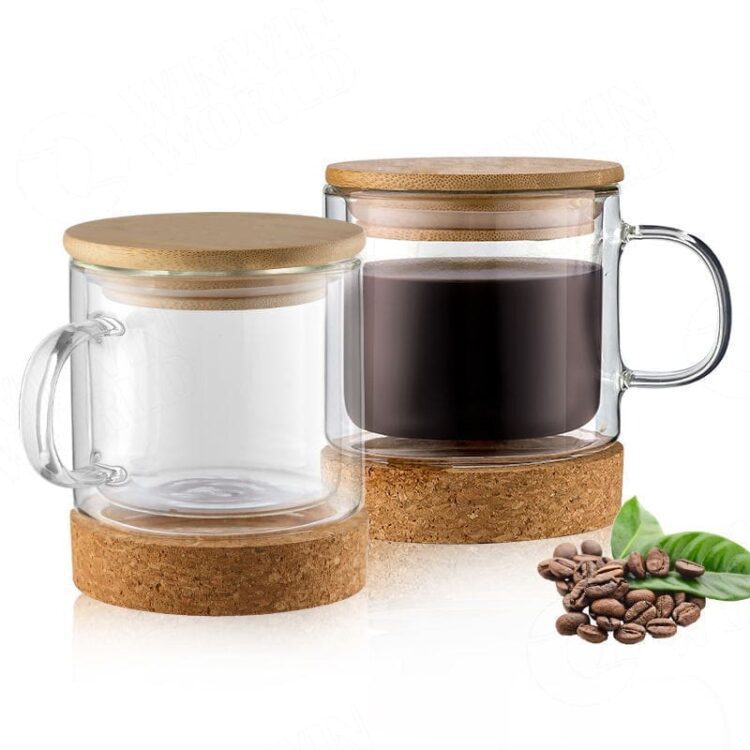 Bamboo fiber coffee cup with bamboo lid double wall insulated glass coffee tea cup with cork bottom, best christmas mug gift