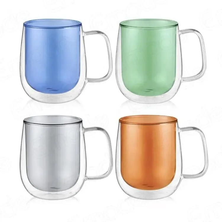 Clear borosilicate glass coffee mug, insulated double walled glass espresso coffee cup with handle, glass mug with bamboo lid