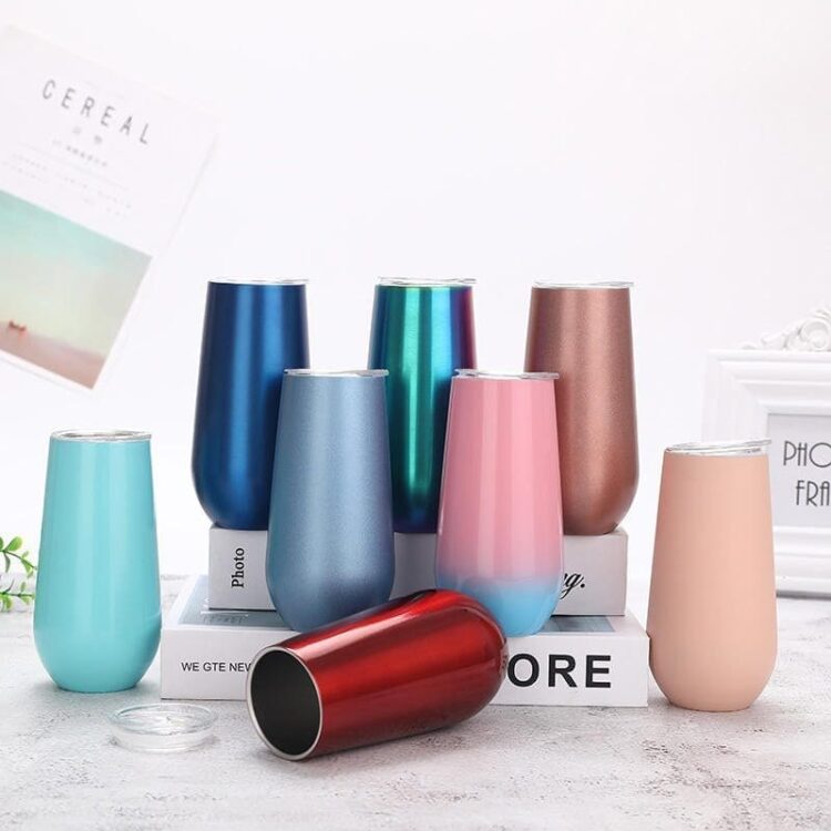 Factory wholesale wine 6oz insulated stemless wine tumbler 6 oz champagne tumbler cups stainless steel flute tumbler with lids
