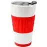 Custom ceramic double wall insulated travel coffee cup with slider lid, silicone sleeve & built-in coaster