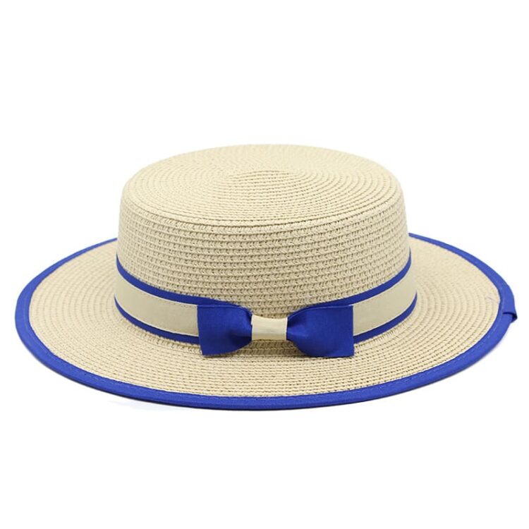 Blue and white outdoor boho bow decor british style sombrero classic summer women's boater flat top straw hat
