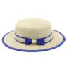 Blue and white outdoor boho bow decor british style sombrero classic summer women's boater flat top straw hat