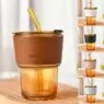 16oz customized logo iced coffee cup glass tumbler with straw and leather band smoothie cup with straw and insulator sleeve