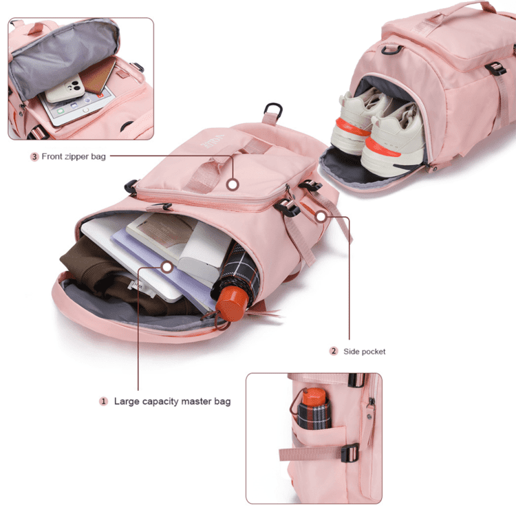 Wholesale free sample custom large capacity backpack sport gym bag women men waterproof shoe space duffel travel bag duffle bag