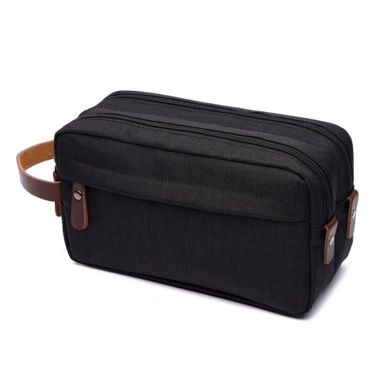Black casual high quality canvas toiletry storage cosmetic bag with handle