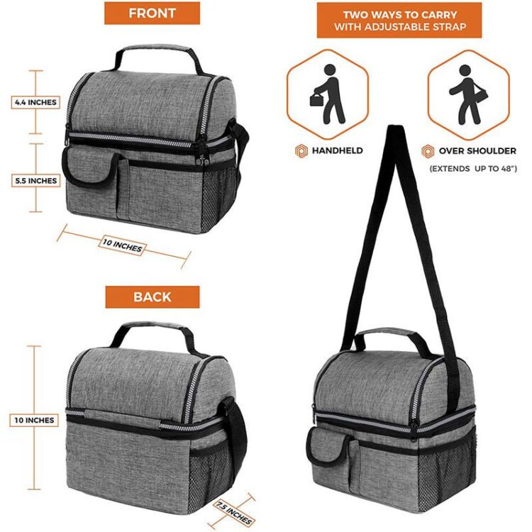 Custom nylon insulated lunch bag for women work cooler bag with shoulder strap and pouch double deck reusable tote picnic bags