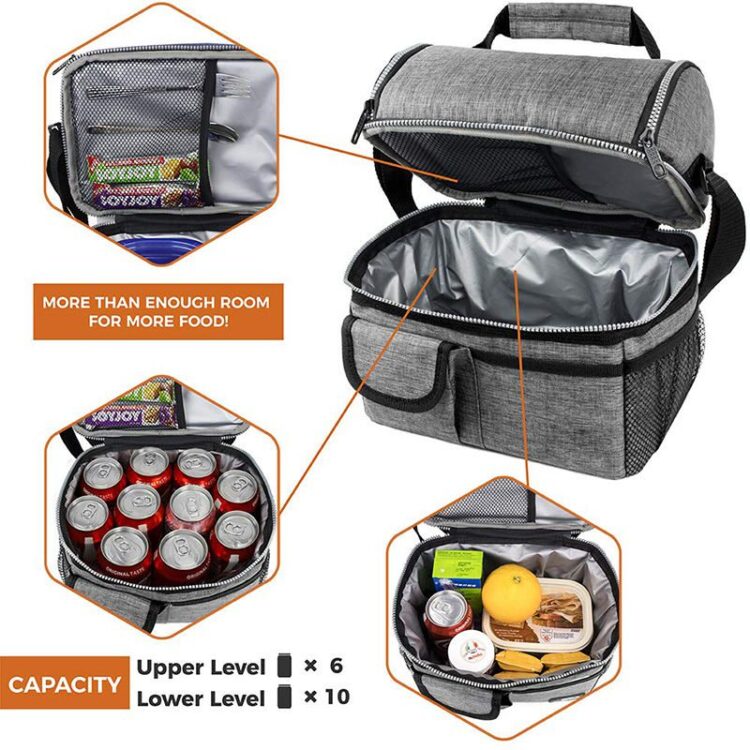 Custom nylon insulated lunch bag for women work cooler bag with shoulder strap and pouch double deck reusable tote picnic bags