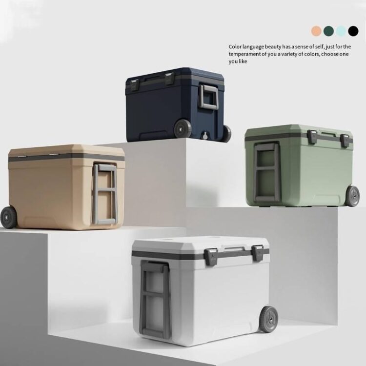 Oem camping portable outdoor customized trolley mobile big cooler box with wheels