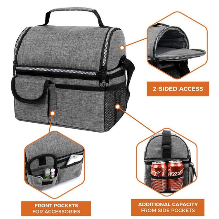 Custom nylon insulated lunch bag for women work cooler bag with shoulder strap and pouch double deck reusable tote picnic bags