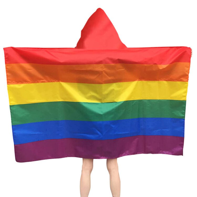 Cheap fast delivery gay lgbtq pride rainbow body flag with hat hooded body flags cape banner