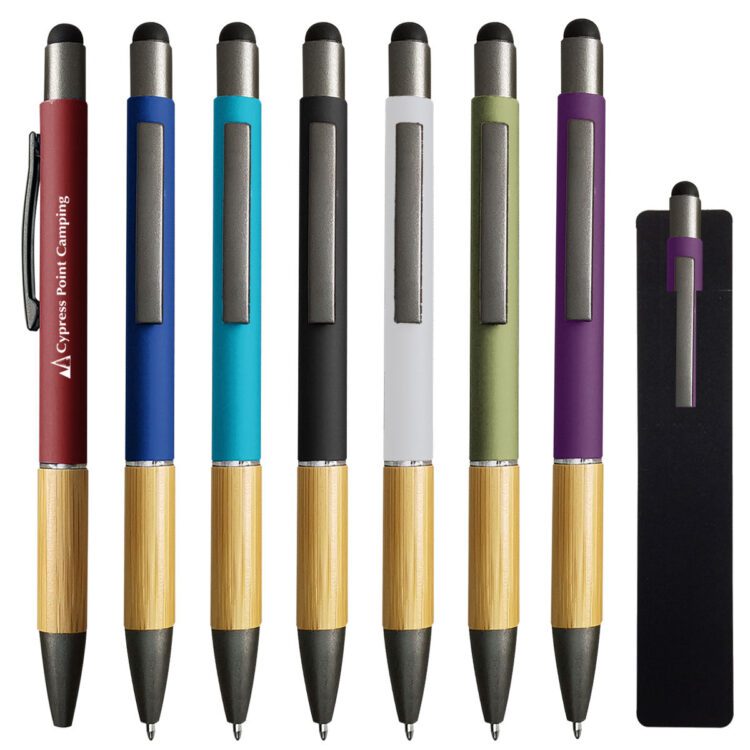 Customized softy rubberized stylus metal aluminium ball pen with bamboo cork grip-personalized custom laser logo metal ball pen