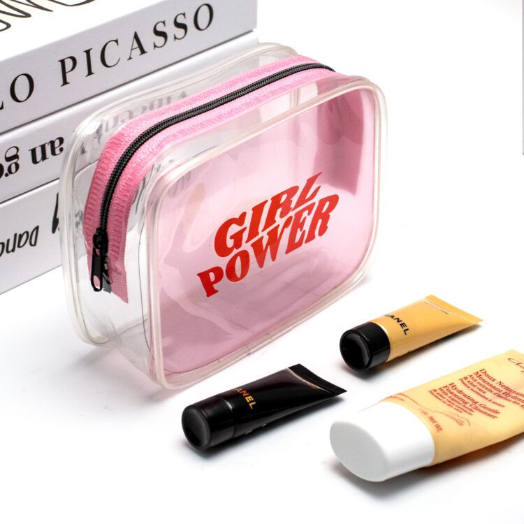 Hot sale pink pvc makeup bag letter pattern portable waterproof transparent wash toiletry travel cosmetic bag with custom logo