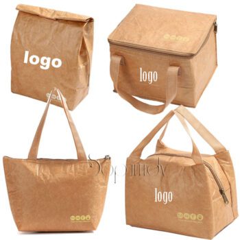 Custom logo eco reusable waterproof large mini capacity thermal insulated cooler freezable brown paper tyvek lunch bag for women