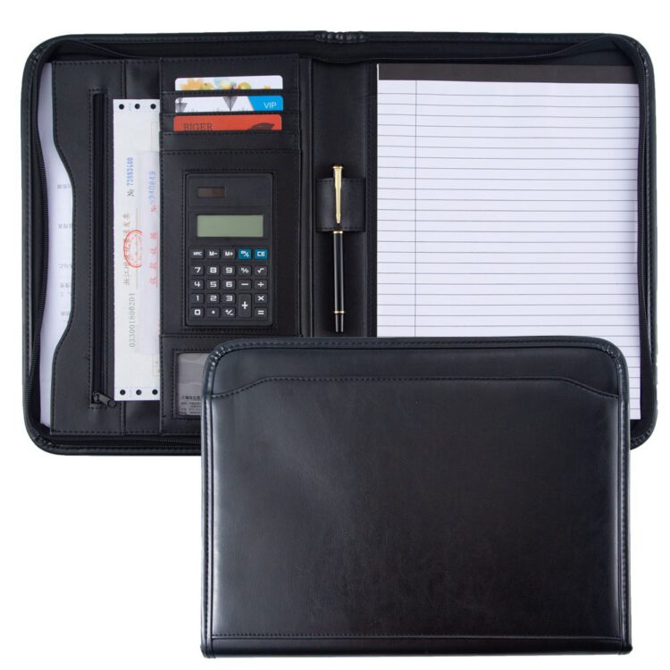 Custom promotional gifts business stationery briefcase leather a4 for documents folder portafolio with calculator