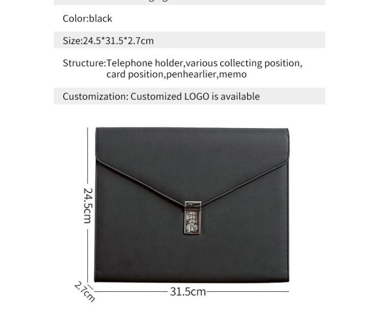 Wholesale custom business pu leather tri-fold envelope padfolio portfolio zipper document file folder with password lock